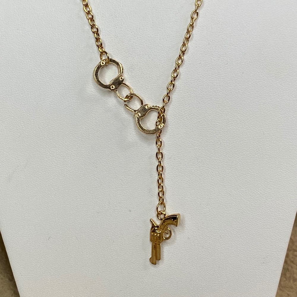 Goldtone Revolver‎ Handcuff Charm Y Necklace Pendant Women Western 21 inch New